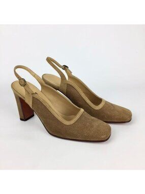 Juhos Womens Tan Brown Leather Slingback Pumps Square Toe Block Heel size 9